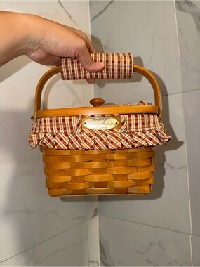 Longaberger Tan Woven Basket Handbag with Red-Checked Trim
